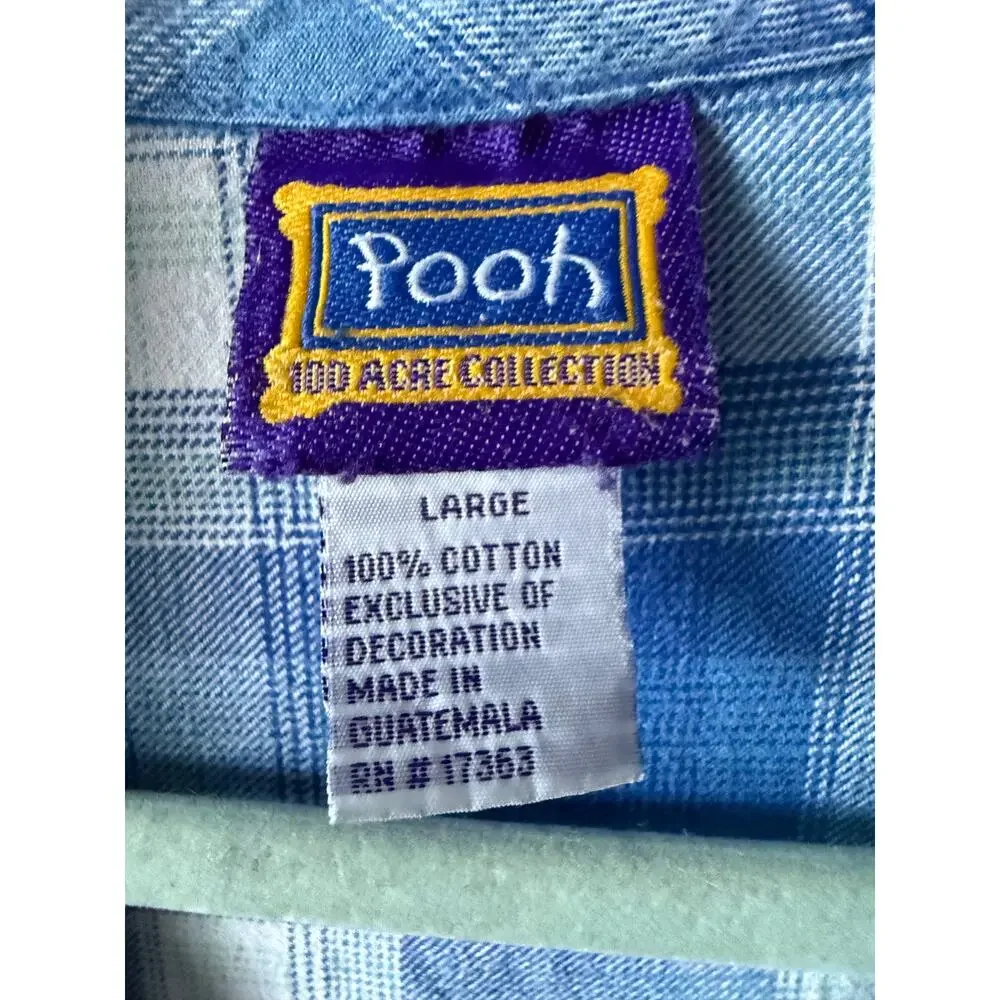 Vintage Pooh Blue‎ Plaid Flannel Nightgown Sz Large Disney 90s Hundred Acre Wood